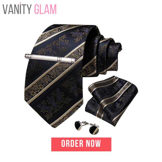 Luxury Retro Striped Floral Tie Set for Men with Clip, Cufflinks & Handkerchief Vanity Gam