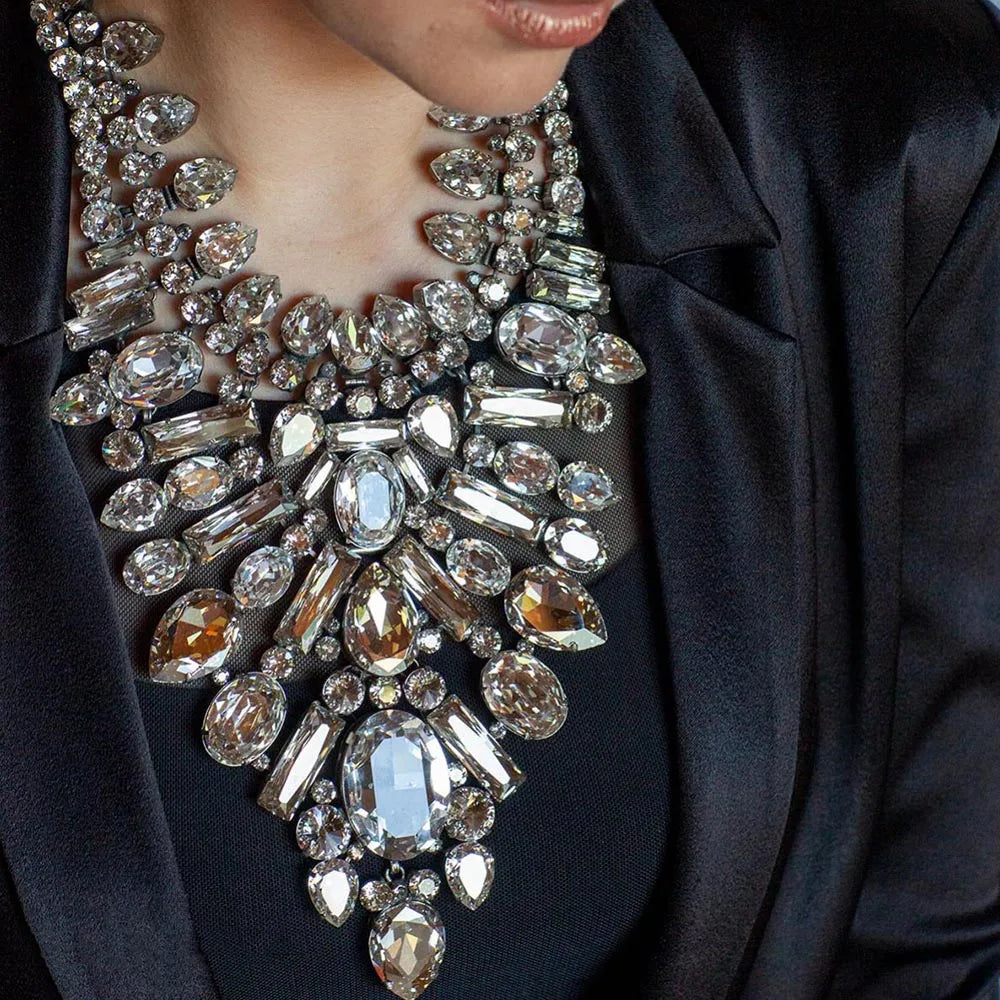 Exaggerated Rhinestone Choker Necklace – Geometric Statement Collar Jewelry for Women or Drag Queen Fashion