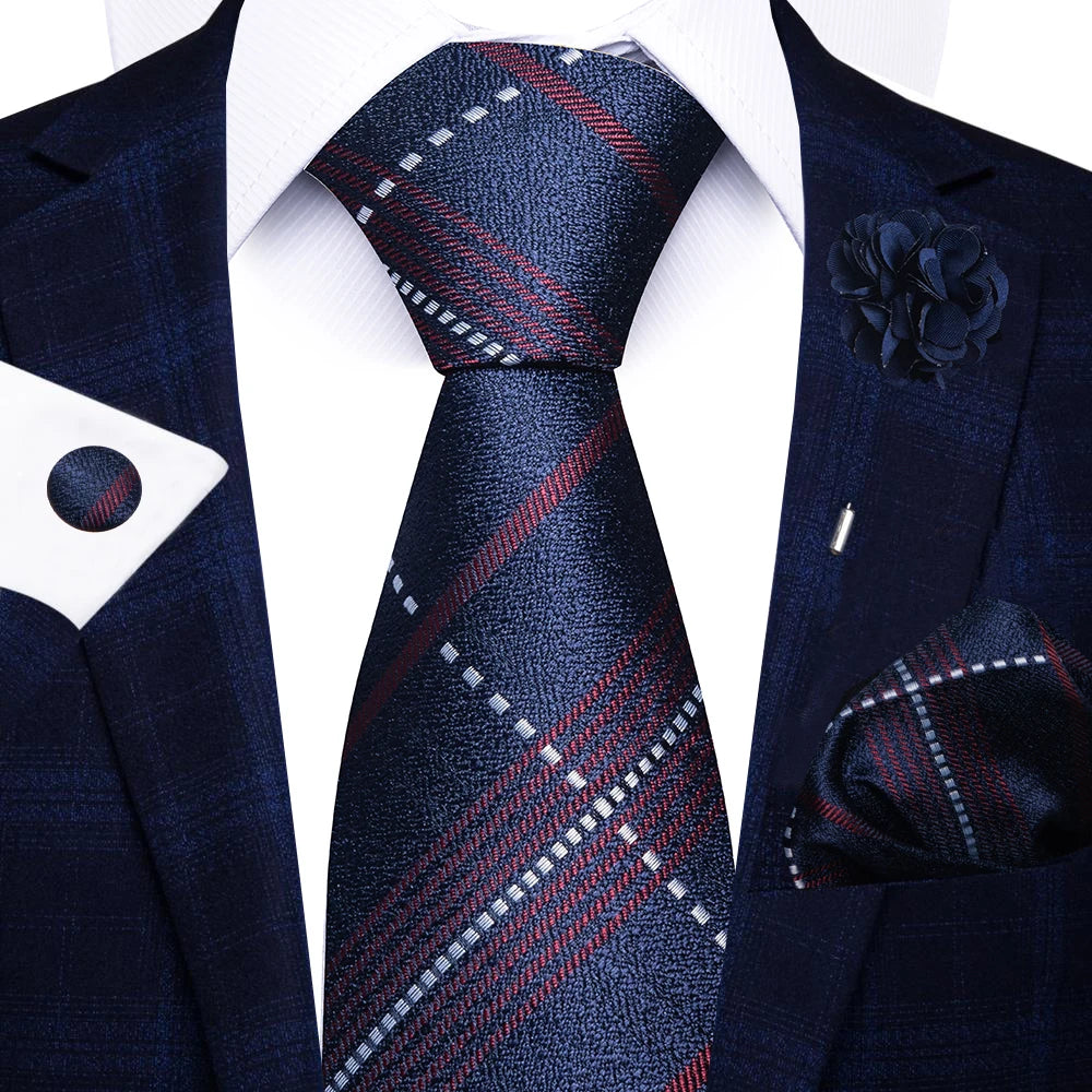 Men’s red striped tie set with handkerchief, cufflinks, and pin for wedding or formal suit