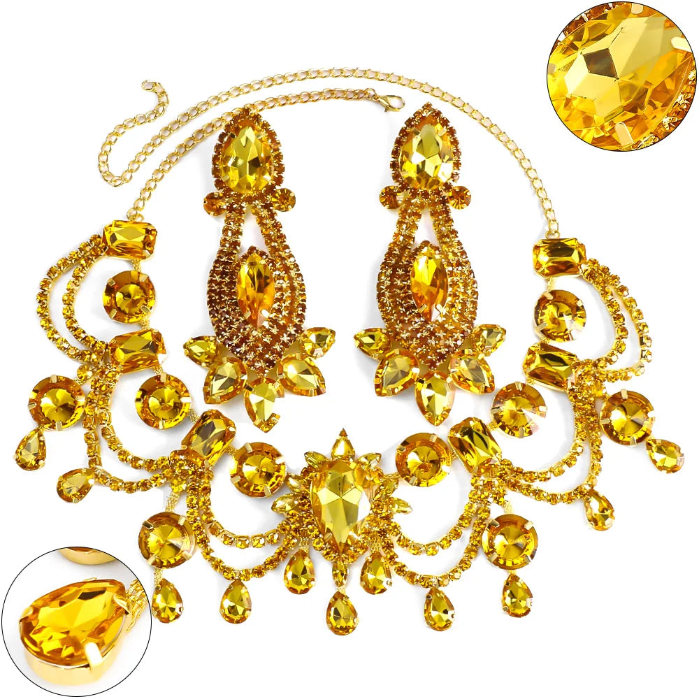 Yellow Water Drop Tassel Necklace and Earrings Jewelry Set for Women – Bridal or Banquet Gift Set