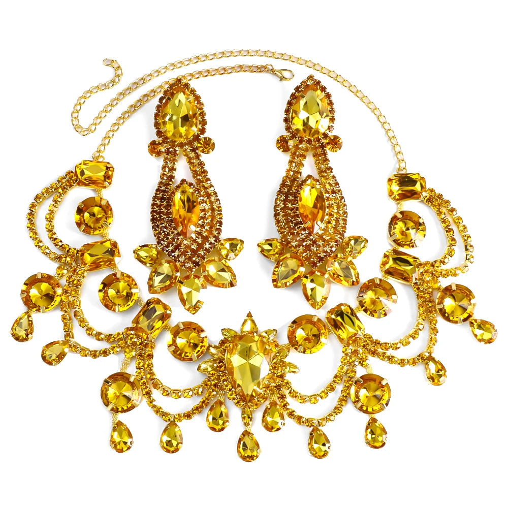 Yellow Water Drop Tassel Necklace and Earrings Jewelry Set for Women – Bridal or Banquet Gift
