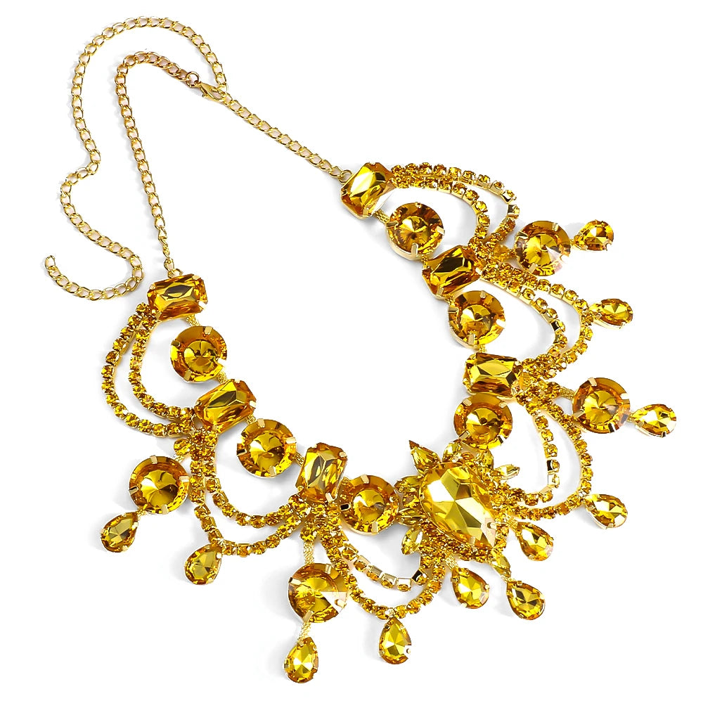 Yellow Water Drop Tassel Necklace and Earrings Jewelry Set for Women – Bridal or Banquet Gift
