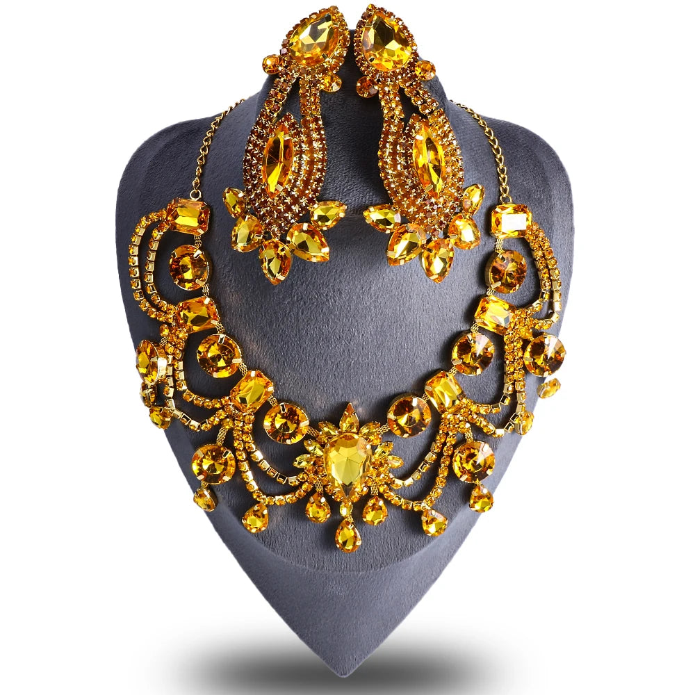 Yellow Water Drop Tassel Necklace and Earrings Jewelry Set for Women – Bridal or Banquet Gift