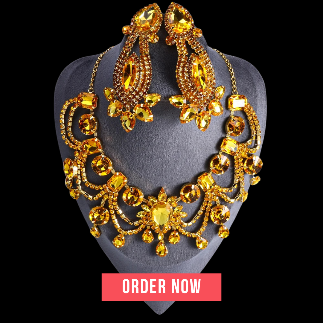 Yellow Water Drop Tassel Necklace and Earrings Jewelry Set for Women – Bridal or Banquet Gift Vanity Glam