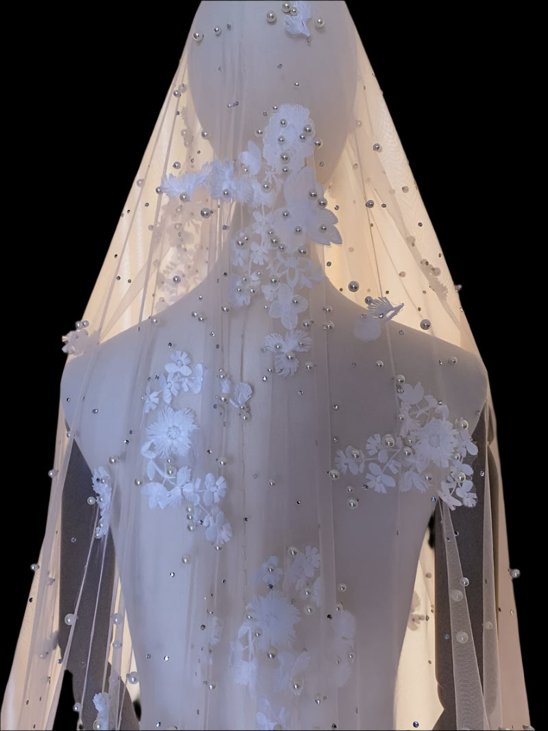 3D Flowers Pearls Wedding Bridal Veils back