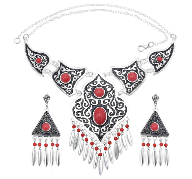Tribal Silver Color Statement Necklace Set