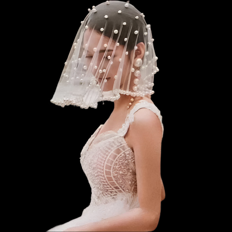 Bride Using Beaded Bridal Mask Small Wedding Veil