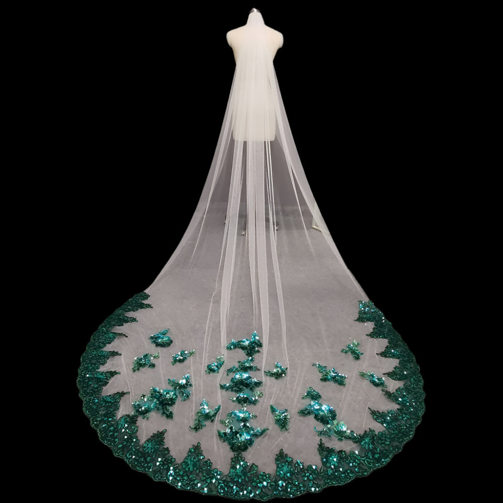 Bling Sequins Green Lace Wedding Bridal Veil back