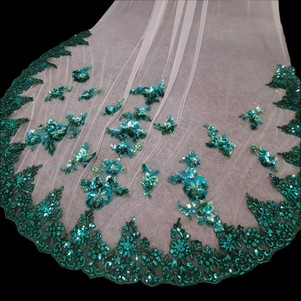 Bling Sequins Green Lace Wedding Bridal Veil