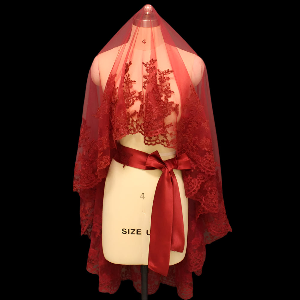 Burgundy Short-Laced Wedding Veil with ribbon