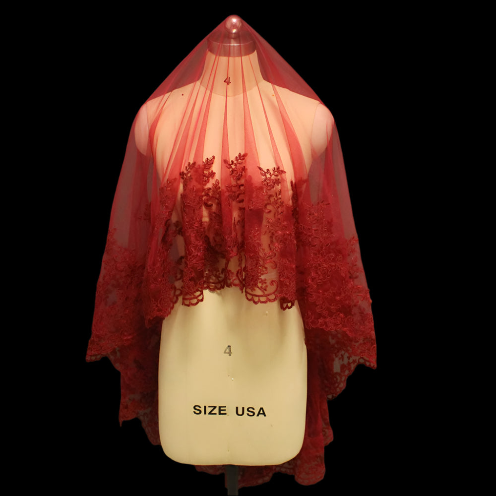 Burgundy Short-Laced Wedding Veil