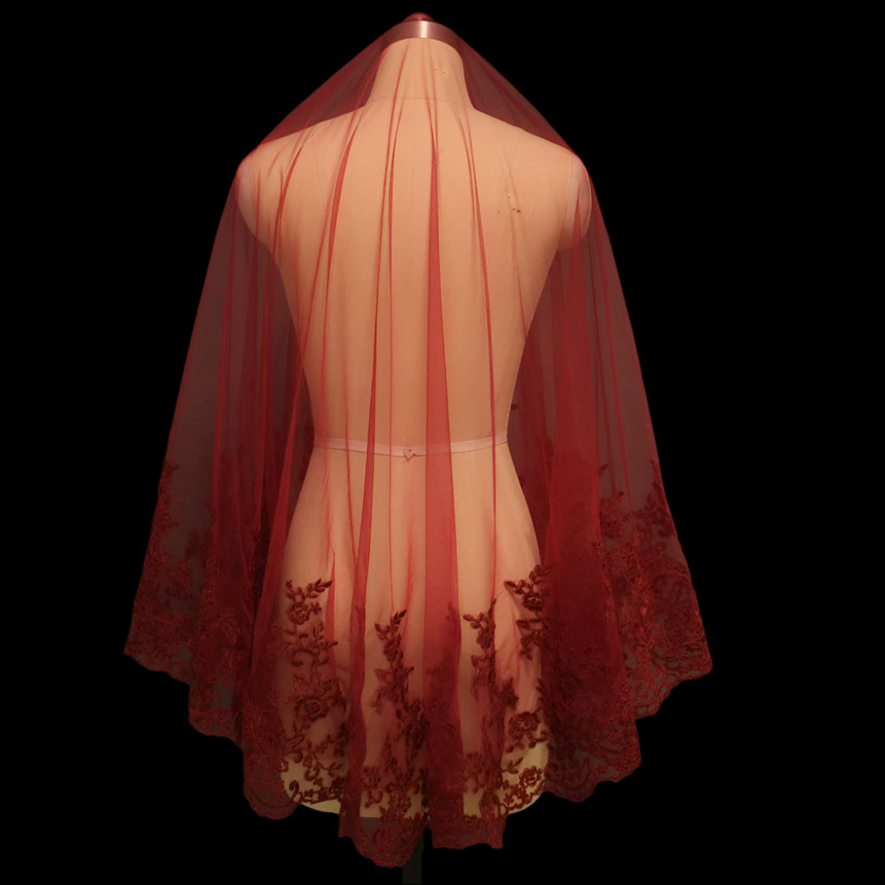 Burgundy Short-Laced Wedding Veil Back