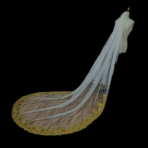 Golden Sequins Long Lace Wedding Veil side