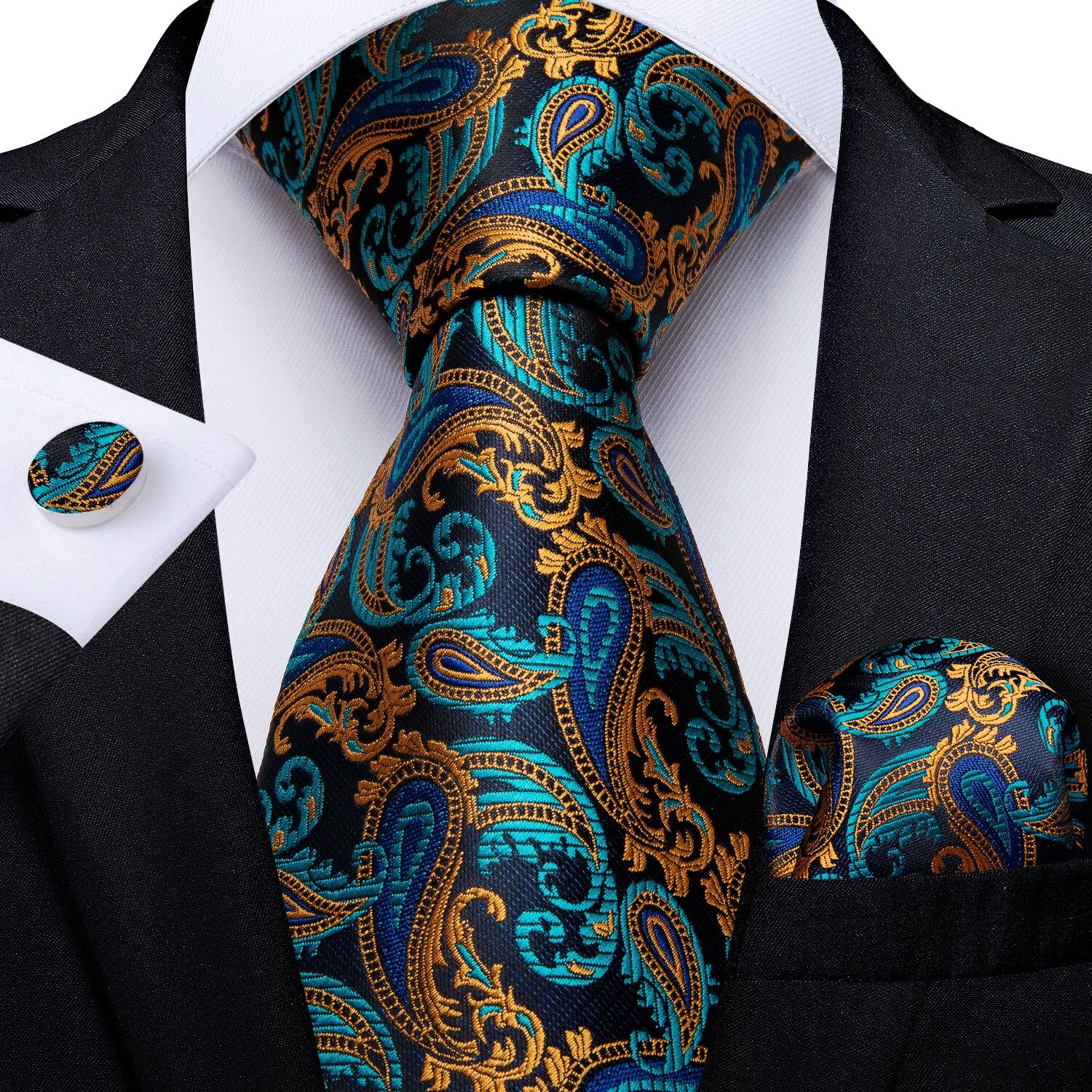 Luxury Blue Gold Paisley Tie Set