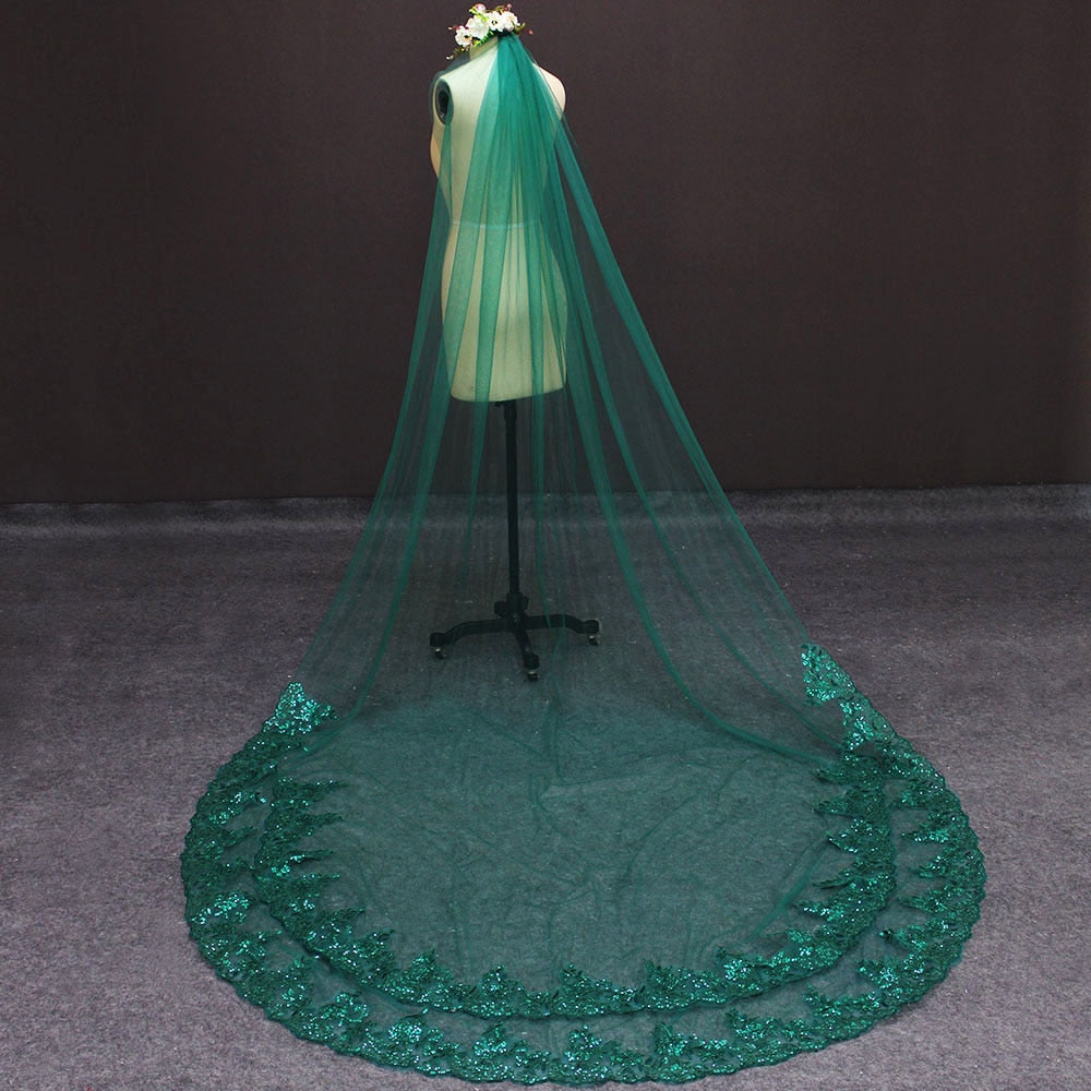 Green Single Tier Bling Veil with Comb