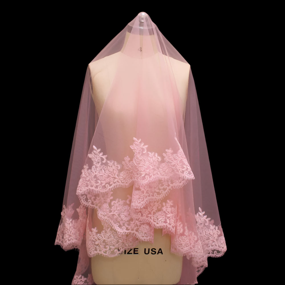 Lace Edge Cover Face Pink Wedding Bridal Veil Front