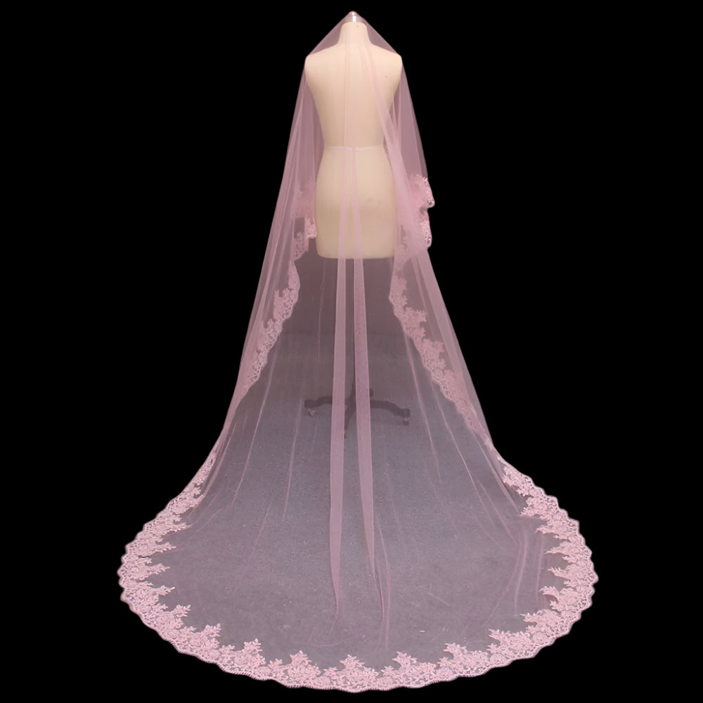 Lace Edge Cover Face Pink Wedding Bridal Veil back