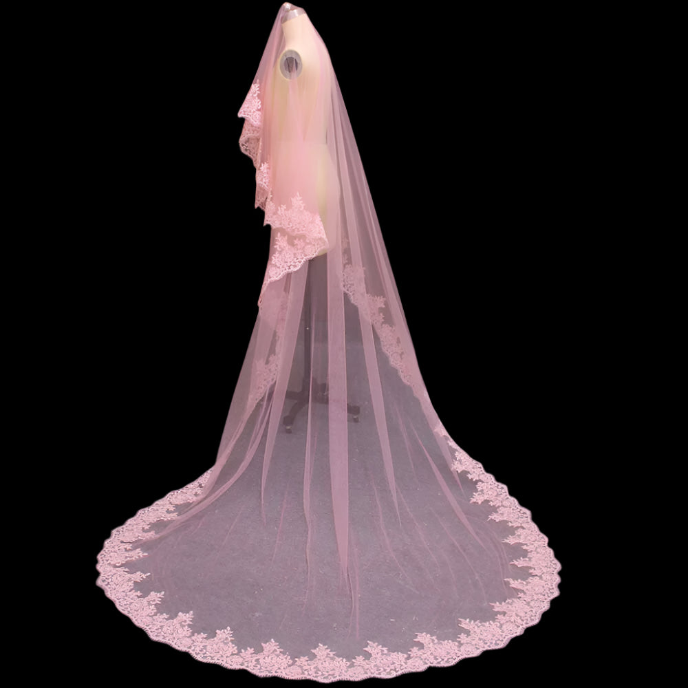 Lace Edge Cover Face Pink Wedding Bridal Veil side view