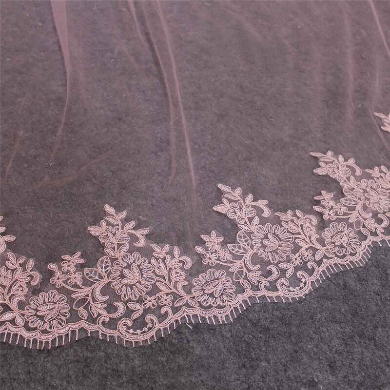 Lace Edge Cover Face Pink Wedding Bridal Veil lace edge