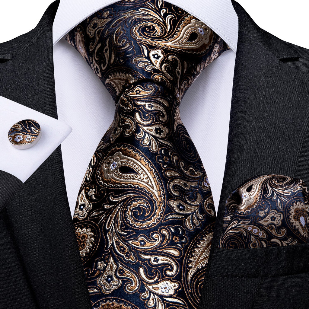 Luxury Blue Gold Paisley Tie Set