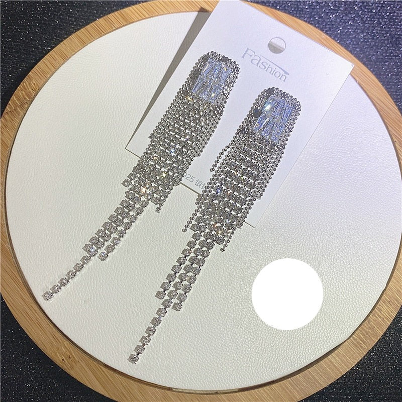 Full Crystal Long Tassel Earrings
