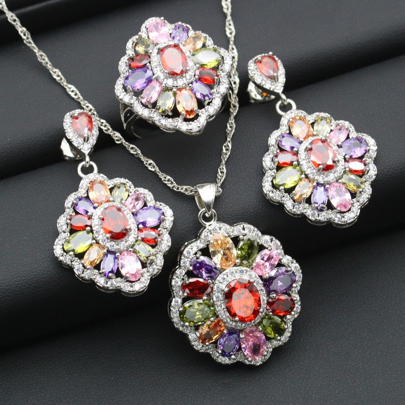 Mult-Color Stone Silver Color Jewelry Sets