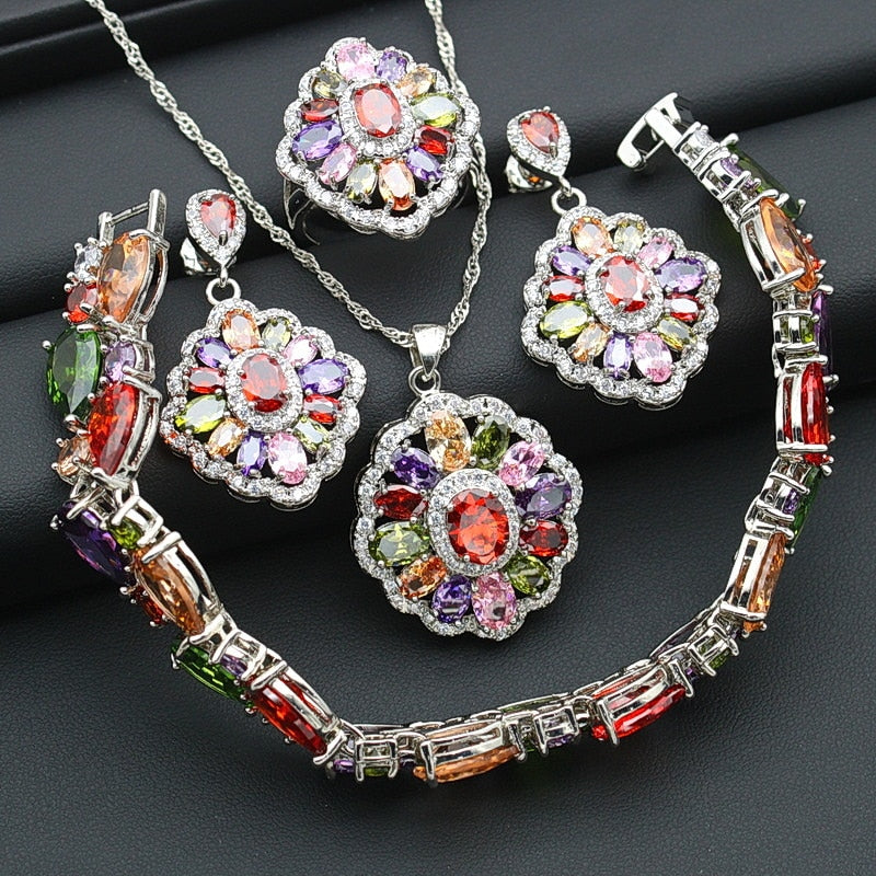 Mult-Color Stone Silver Color Jewelry Sets