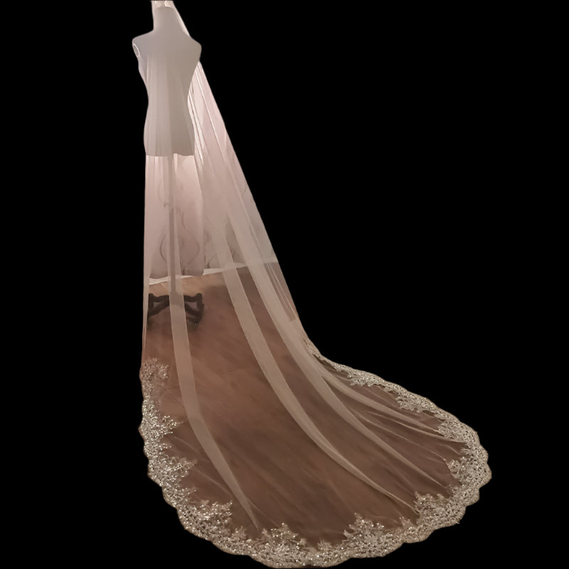 Sequins Beaded Pearl Bridal Wedding Veil ivory