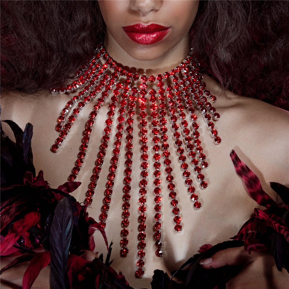 Red Rhinestone Fringe Necklace