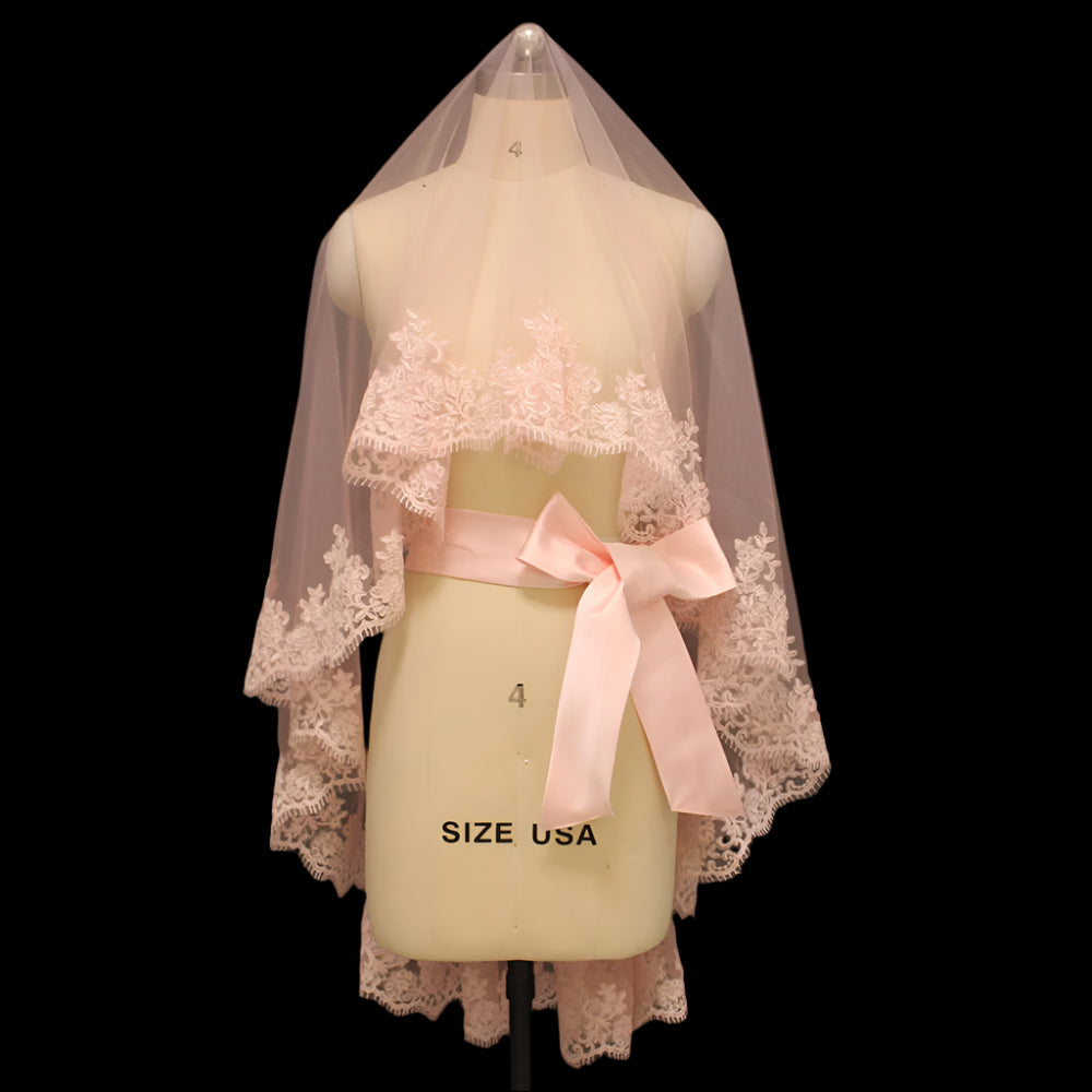 Short Laced Pink Wedding Veil with belt