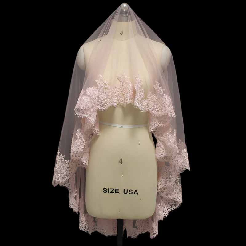 Short Laced Pink Wedding Veil without belt