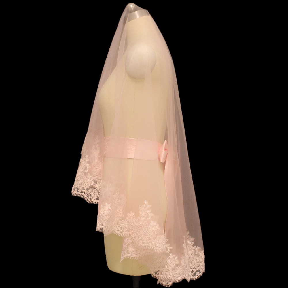 Short Laced Pink Wedding Veil side view