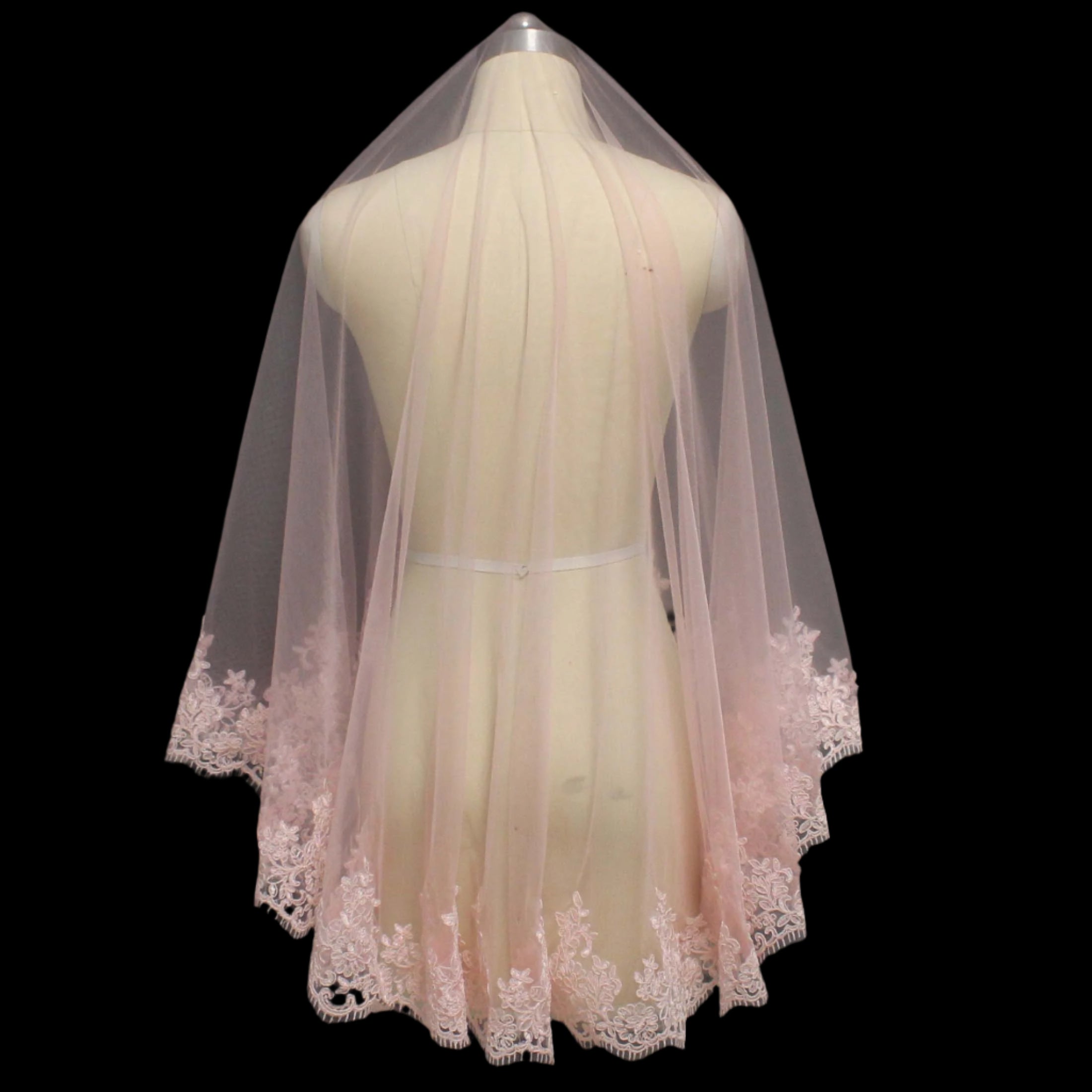 Short Laced Pink Wedding Veil Back