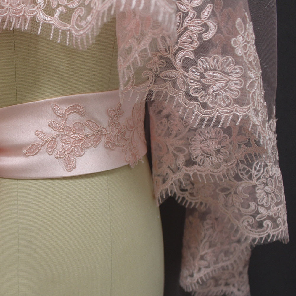 Short Laced Pink Wedding Veil design