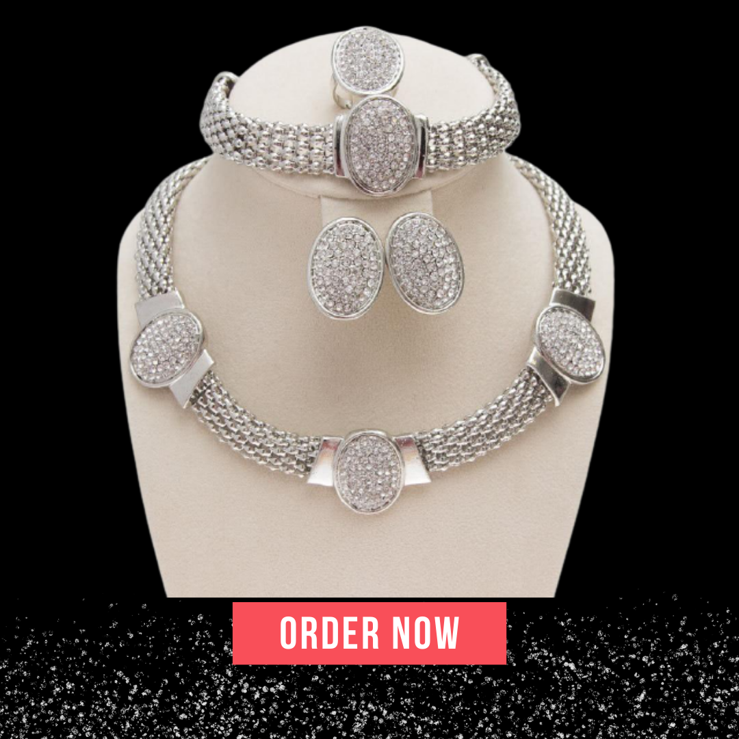 Oval Shape Silver Crystal Jewelry Set