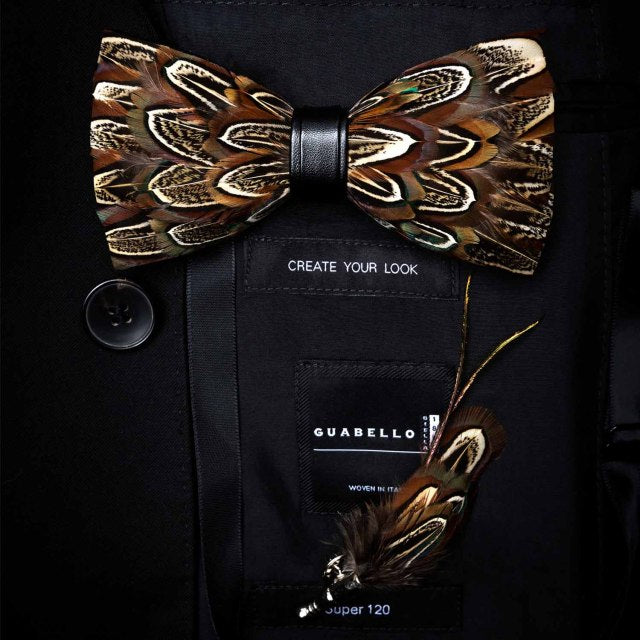 Natural Brid Feather Exquisite Bow Tie Brooch Pin
