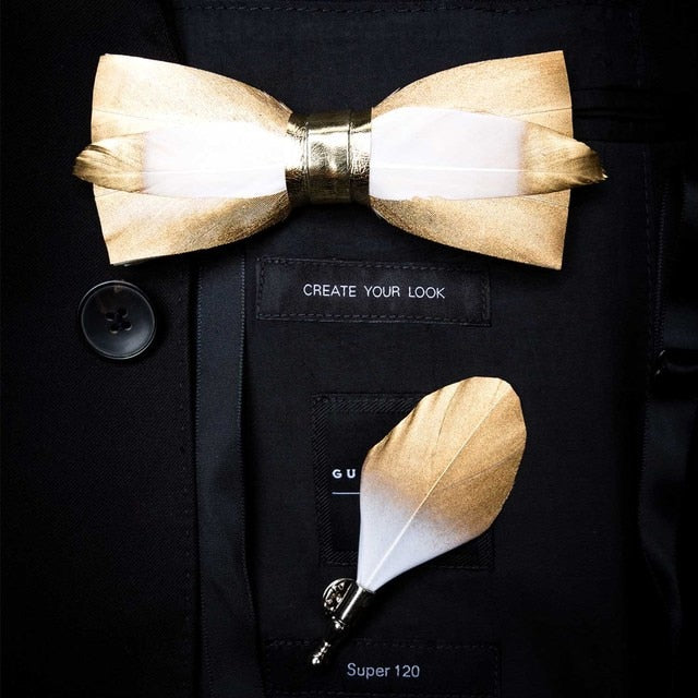 Natural Brid Feather Exquisite Bow Tie Brooch Pin