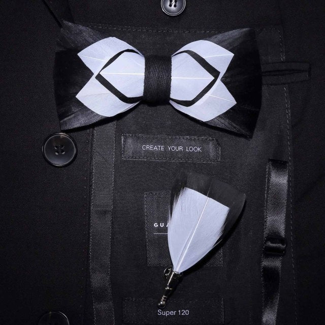 Natural Brid Feather Exquisite Bow Tie Brooch Pin