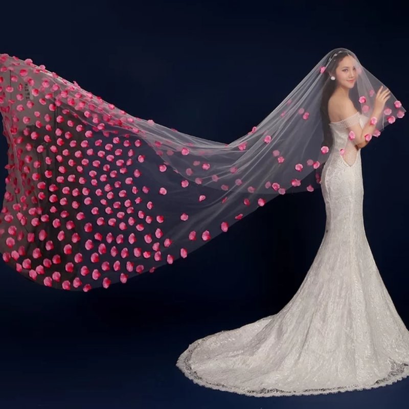 One Layer Lace Pink Petal Veil